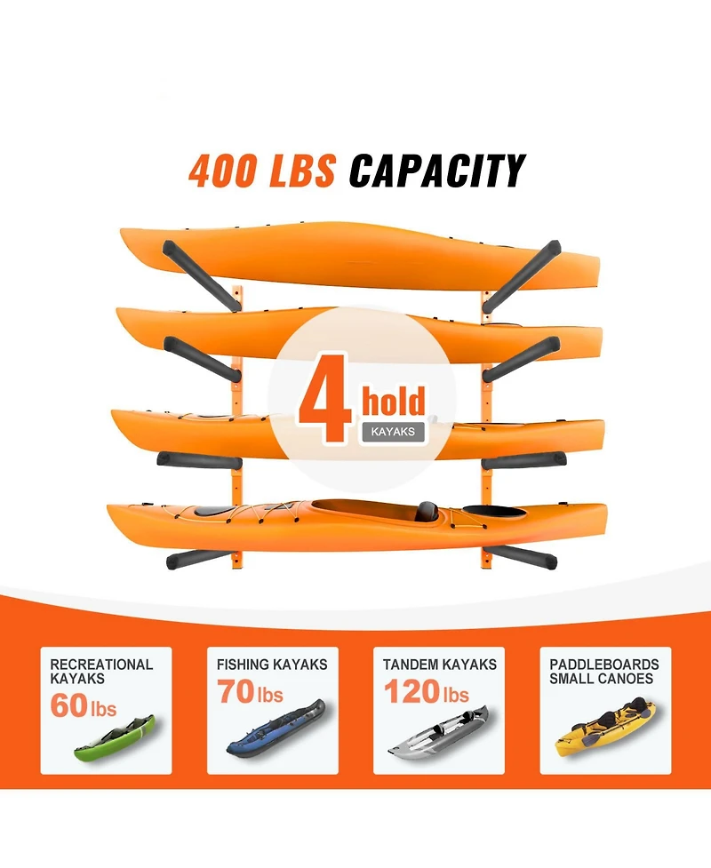 Sevorley Wall-Mounted Kayak Storage Rack, Steel 4-Kayak Holder with Adjustable Padded Arms, 400 lb Capacity