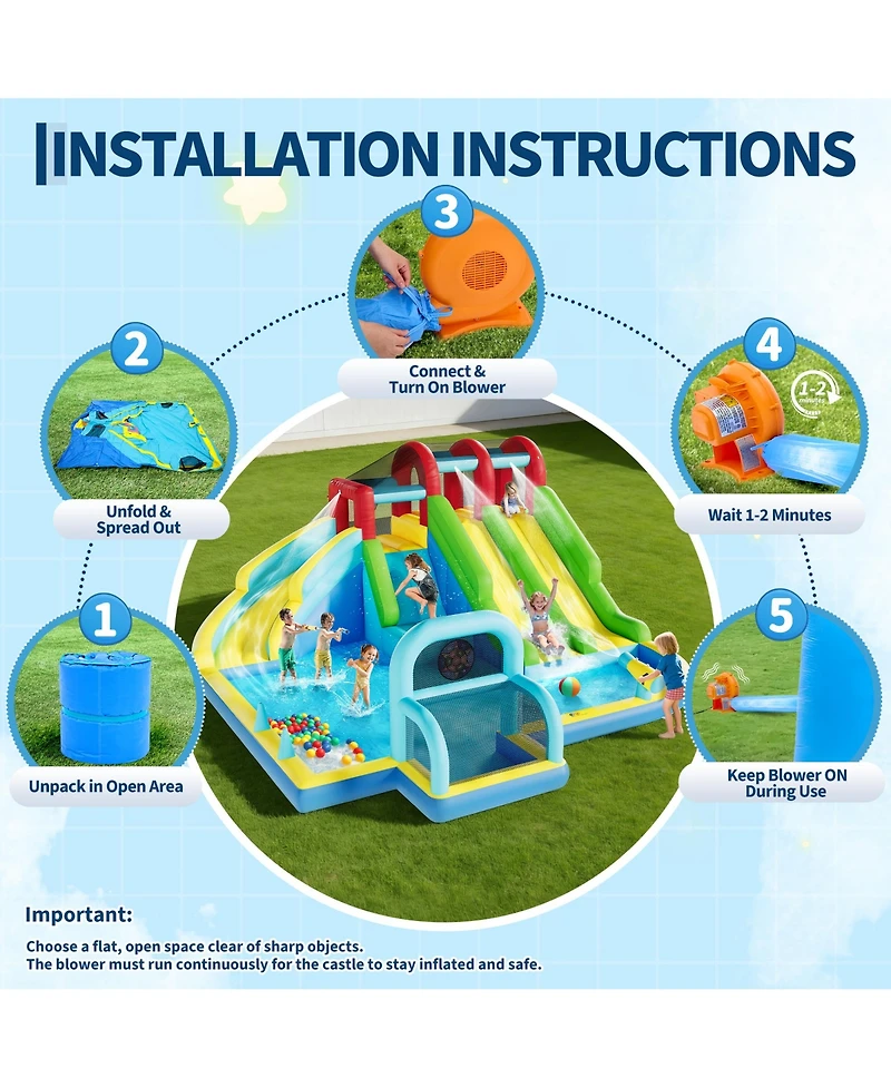 homfan 3 Water Slides Inflatable Bounce House with Water Blasters, 15.35" x 15.35" x 32.28", Accommodates 1-6 Kids, Ages 3-10