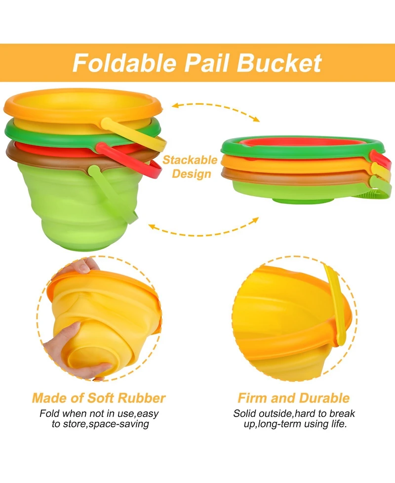 homfan Multipurpose Silicone Collapsible Beach Toys Set, 3 Piece Bucket with Shovels and Sand Molds for Kids Travel and Camping