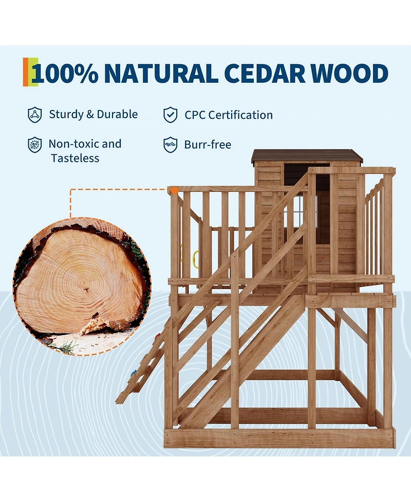 homfan 2 Story Wooden Playhouse, Brown Cedar Outdoor Playhouse with Climbing Wall and Step Ladder for Kids Ages 3 to 12