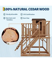 homfan 2 Story Wooden Playhouse, Brown Cedar Outdoor Playhouse with Climbing Wall and Step Ladder for Kids Ages 3 to 12