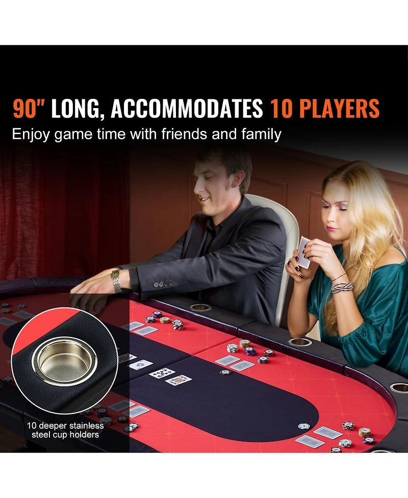 Sevorley 10-Player Foldable Poker Table, 90 inch Oval Casino Table with Padded Rails and Cup Holders