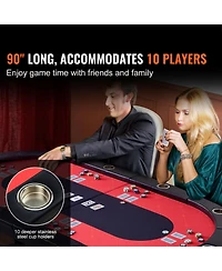 Sevorley 10-Player Foldable Poker Table, 90 inch Oval Casino Table with Padded Rails and Cup Holders