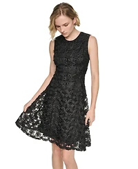 Dkny Women's Sleeveless Crew Neck Lace Fit and Flare Dress