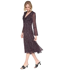 Dkny Women's Long Bell Sleeve V-Neck Ruffle Godet Midi Dress