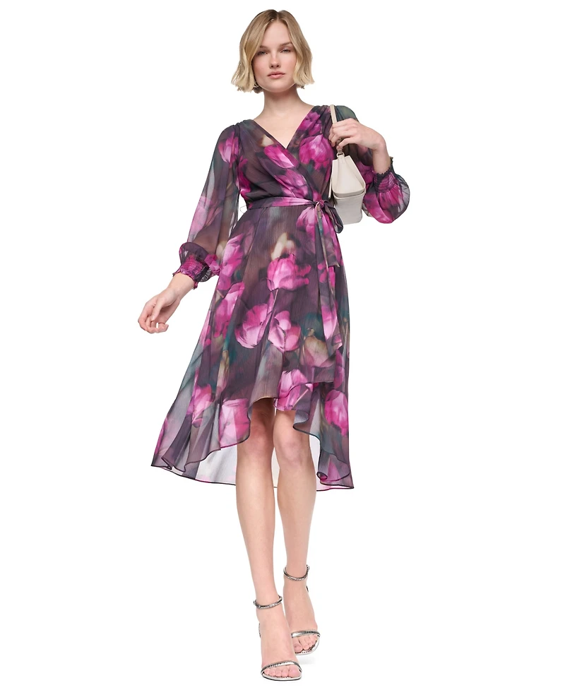 Dkny Women's Long Sleeve Smocked-Cuff Faux Wrap Midi Dress
