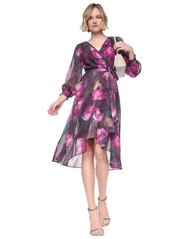 Dkny Women's Long Sleeve Smocked-Cuff Faux Wrap Midi Dress