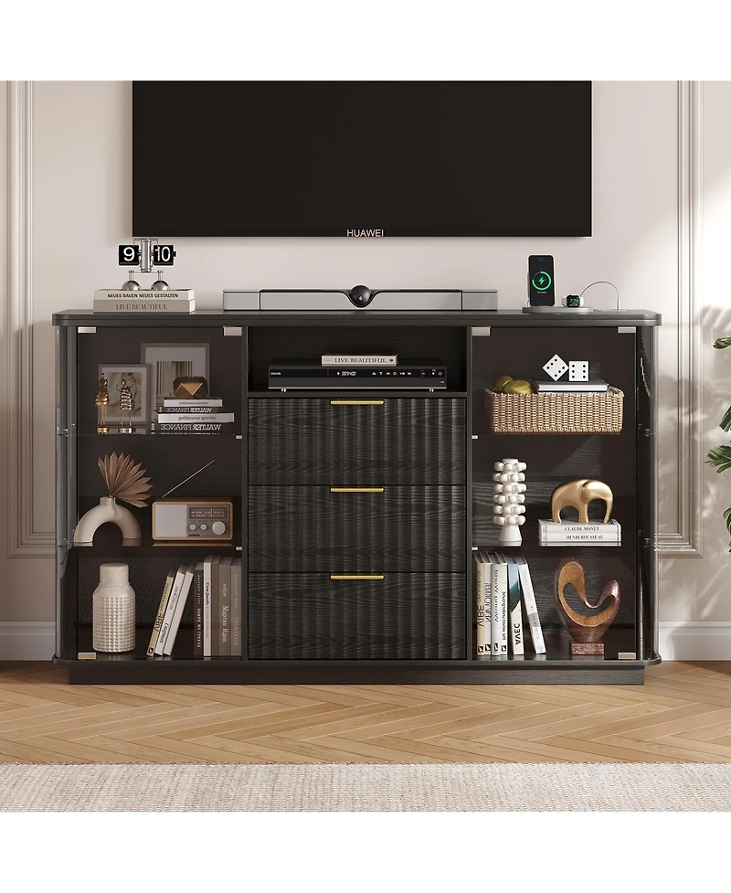 Vlsrka Modern Buffet Cabinet with Wine Storage, Led Lights and Glass Doors