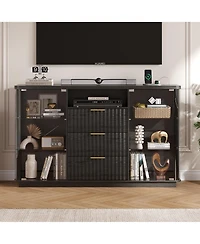 Vlsrka Modern Buffet Cabinet with Wine Storage, Led Lights and Glass Doors