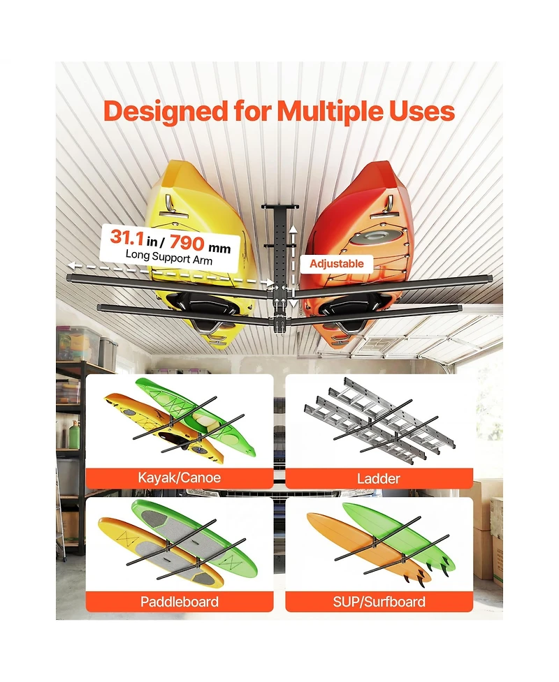 Sevorley Kayak Ceiling Storage Rack for 2 Kayaks, Overhead Steel Garage Hanger with Foam Arms, 250 lb Capacity
