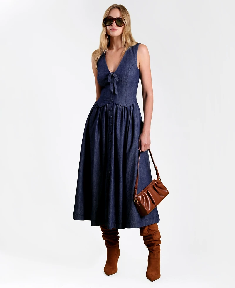 Avec Les Filles Women's Tencel Denim Vest Twofer Midi Dress