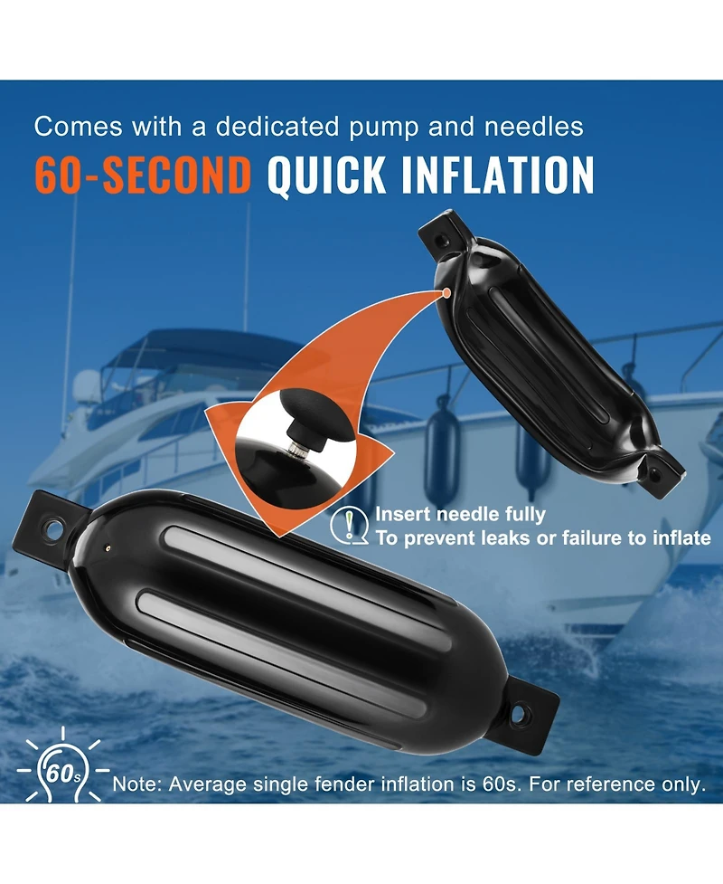 Sevorley Boat Fenders 4-Pack, 6.5 x 23 in Inflatable Ribbed Dock Bumpers with Pump and Ropes