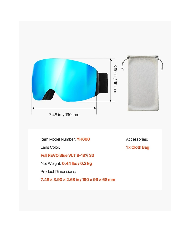 Sevorley Frameless Ski Goggles with Spherical Anti-Fog Lens, Otg Fit