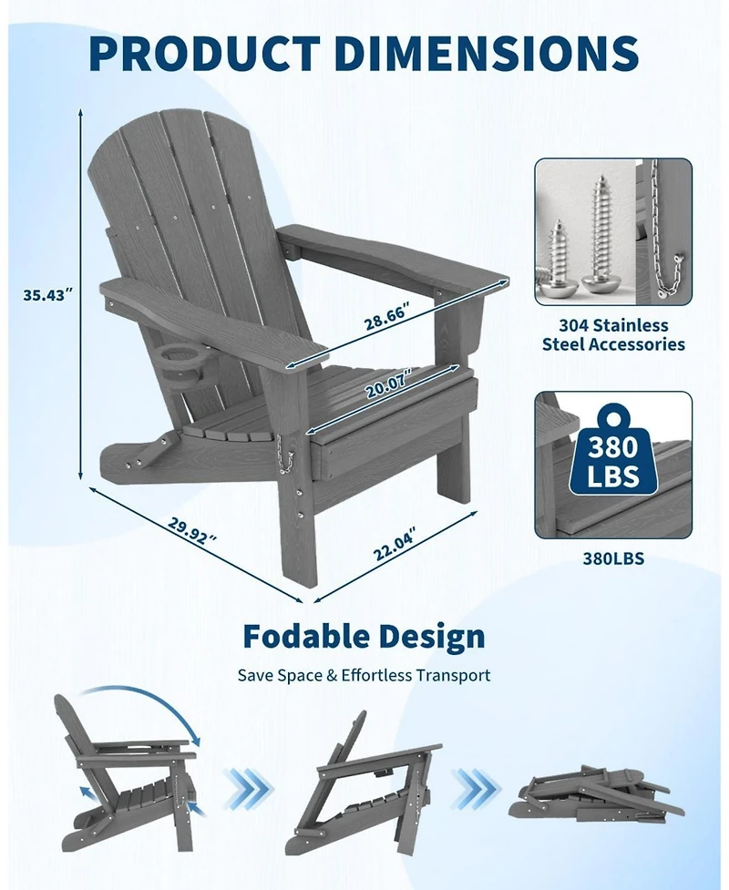 homfan Outdoor Folding Adirondack Chair Set of 4 with 2 Side Tables, Hdpe, Cup Holder.