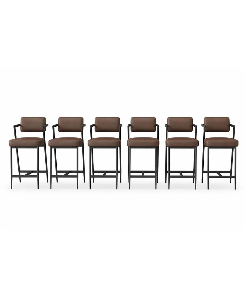 homfan Set of 6 27" Counter Height Bar Stools with Armrests, Faux Leather Upholstery and Footrest, for Kitchen Island,Brown