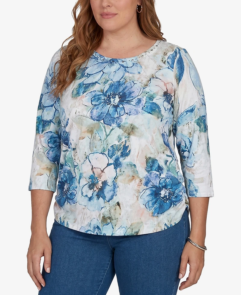 Alfred Dunner Plus Etched Florals Ruched Sides Top