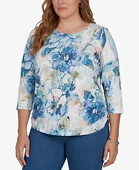 Alfred Dunner Plus Etched Florals Ruched Sides Top