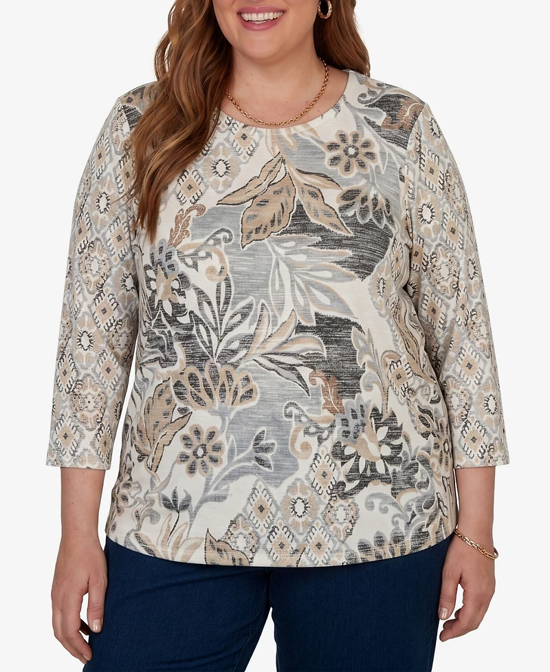 Alfred Dunner Plus Geo Leaf Patchwork Knit Top