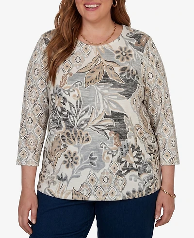 Alfred Dunner Plus Geo Leaf Patchwork Knit Top