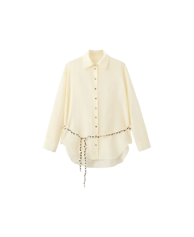 Mango Women's Beaded Belt Semi-Sheer Shirt