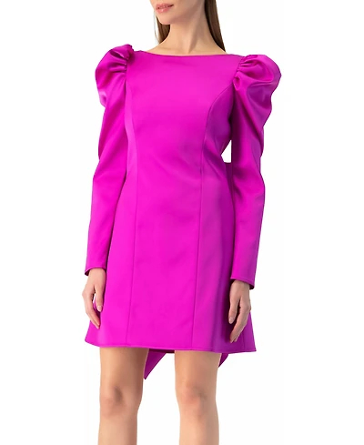 Ivonne Women's Puff-Sleeve Open-Back Bow Mini Dress Satin