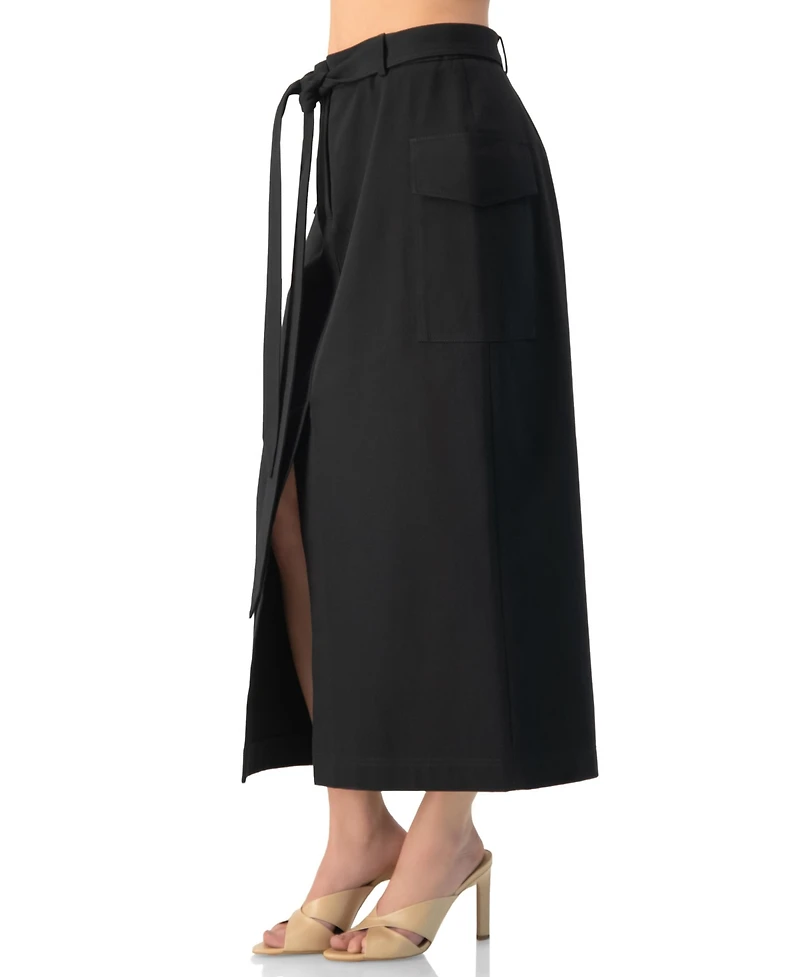 Ivonne Women's High-Waisted Belted Side-Slit Midi Skirt