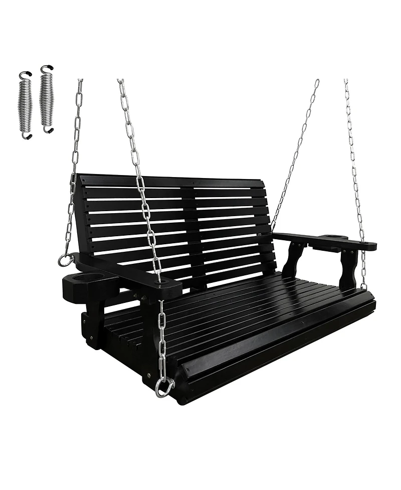 Innovaze 2-Seater 4 Ft Wooden Porch Swing High Backrest and Deep Seat with Cupholders for Outdoor Patio Garden (Deep Brown)