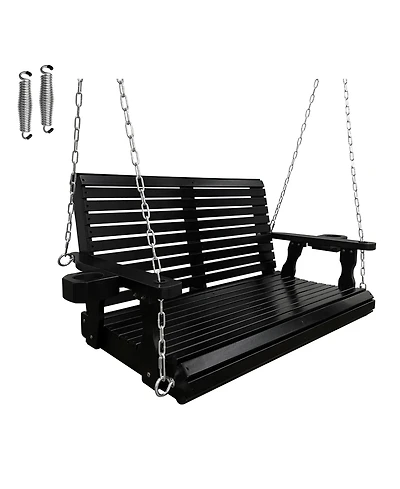 Innovaze 2-Seater 4 Ft Wooden Porch Swing High Backrest and Deep Seat with Cupholders for Outdoor Patio Garden (Deep Brown)