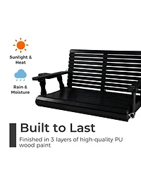 Innovaze 2-Seater 4 Ft Wooden Porch Swing High Backrest and Deep Seat with Cupholders for Outdoor Patio Garden (Deep Brown)