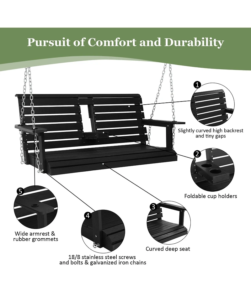 Innovaze 4.5 Ft Large 2-Seat Poly Lumber Hips Porch Swing with Foldable Cup Holders and Curved Deep Seat for Outdoor Garden(Navy Blue)