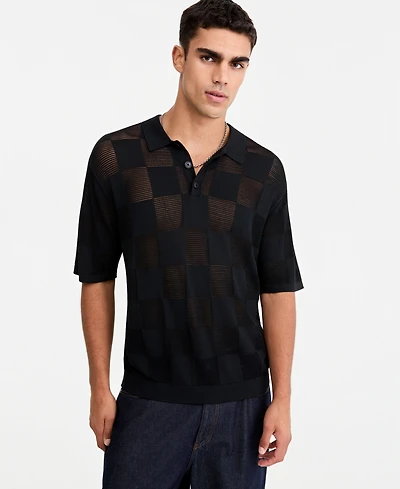 Mode of One Women's Checkerboard-Knit Relaxed-Fit Polo Shirt, Macy's Exclusive