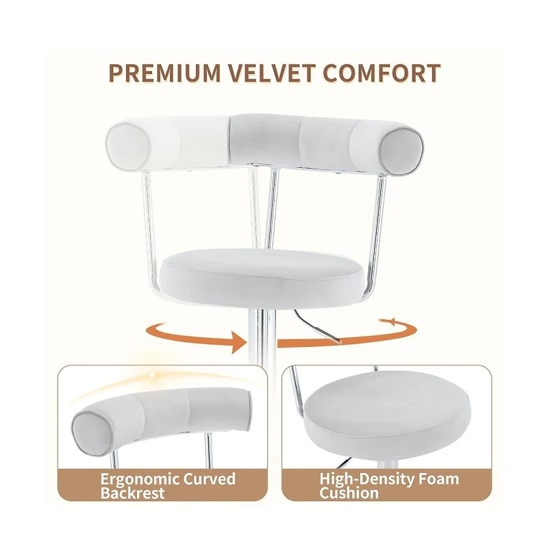 Maison Boucle Set of 2 Soft Velvet Upholstered Swivel Adjustable Bar Stools, 360-Degree Counter-Height Chairs, Chrome Silver Base