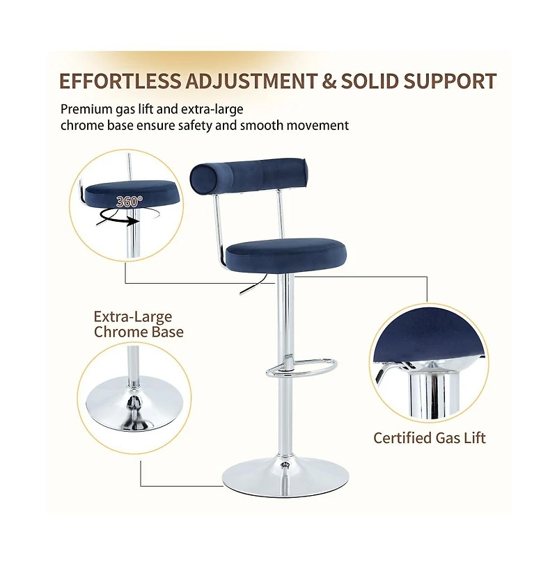 Maison Boucle Set of 2 Soft Velvet Upholstered Swivel Adjustable Bar Stools, 360-Degree Counter-Height Chairs, Chrome Silver Base
