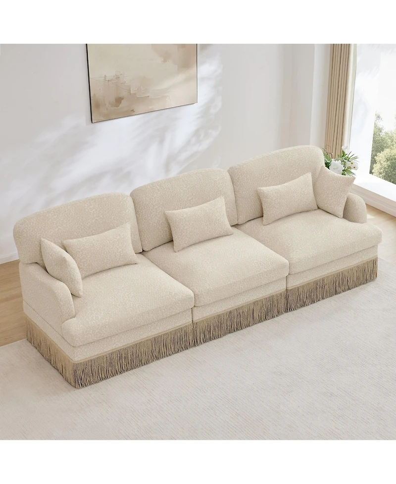 Maison Boucle Modular Sectional Sofa Couch, 3-Seater, Leopard Print Chenille, With Deep Seat, Tassel Skirt, and Throw Lumbar Pillows