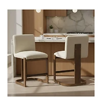Maison Boucle Counter Height Bar Stools Set of 2 for Kitchen Island, 24" Solid Wood Barstools, Linen Upholstered Bar Chairs
