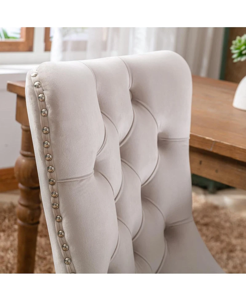 Maison Boucle Upholstered Dining Chairs , Beige Velvet Upholstery High-Back Side Chairs, Tufted Nailhead-Trim with Solid Wood Legs