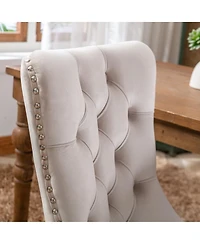 Maison Boucle Upholstered Dining Chairs , Beige Velvet Upholstery High-Back Side Chairs, Tufted Nailhead-Trim with Solid Wood Legs