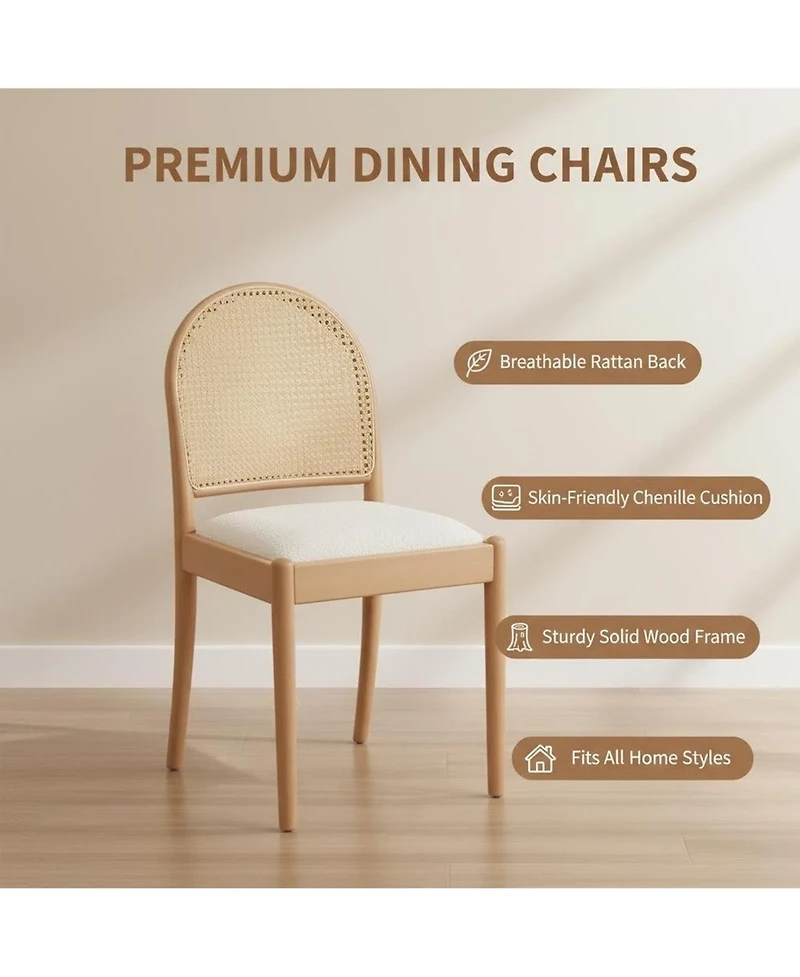 Maison Boucle Modern Rattan Back Dining Chairs Set of 2, Upholstered Side with Backrests, Kitchen and Room Chairs, Solid Wood Legs