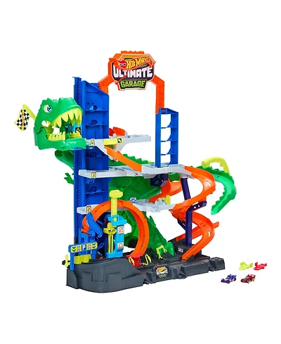 Hot Wheels 1:64 scale City Ultimate T-Rex Garage with 2 Toy Cars & Storage for 50+, Race & Stunt, Dino Nemesis