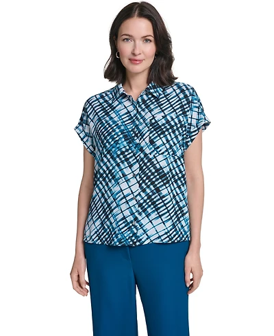 Calvin Klein Women's Collared Button-Front Short-Sleeve Blouse