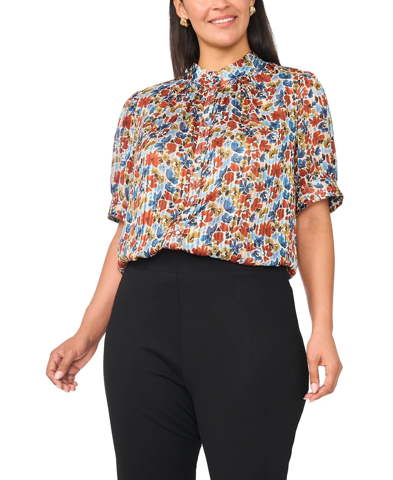 Vince Camuto Plus Mock Neck Button-Front Blouse