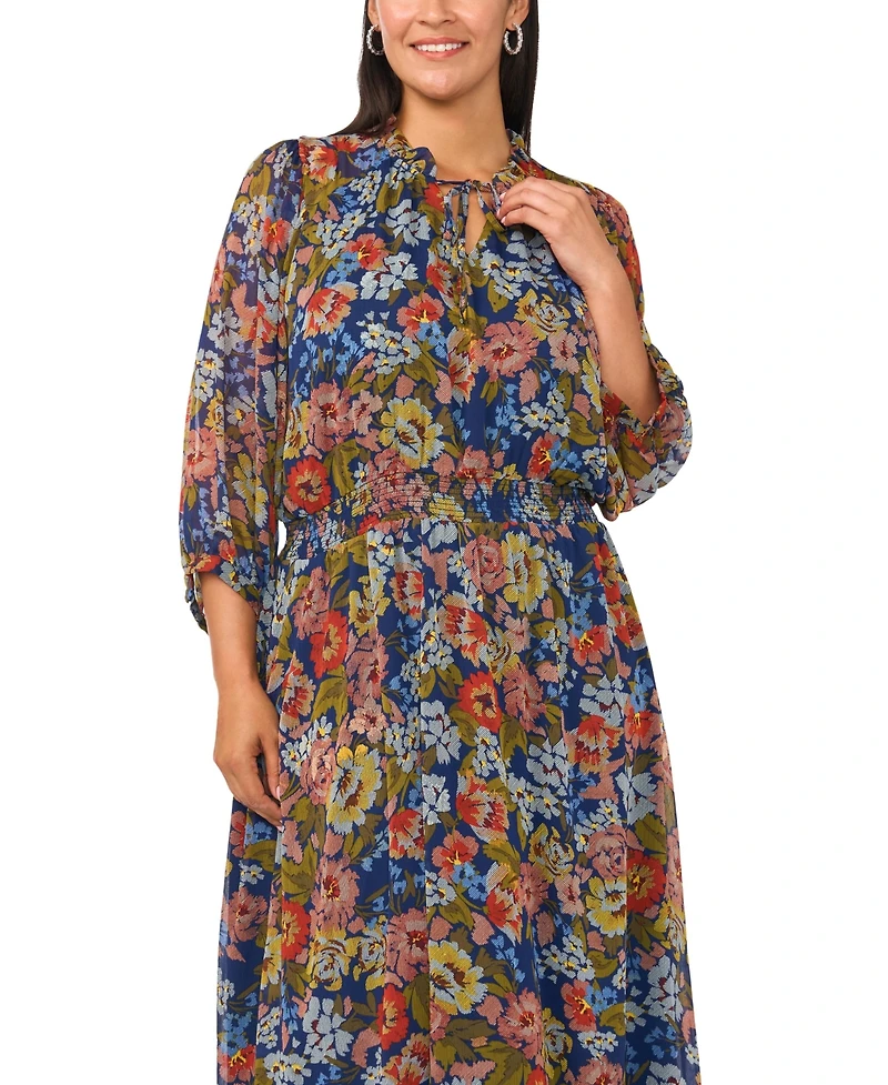 Vince Camuto Plus Size 3/4-Puff Sleeve Tie-Neck Maxi Dress