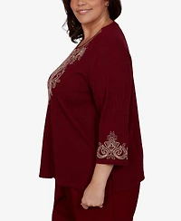 Alfred Dunner Plus Union Square Scroll Embroidered Ribbed Knit Top