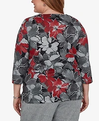 Alfred Dunner Plus Classic Textured Floral Split Neck Pocket Top