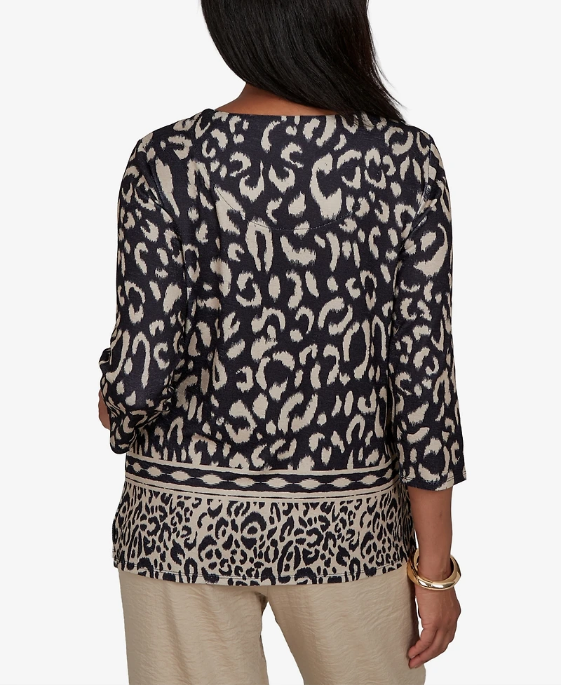 Alfred Dunner Petite Travel Advisory Animal Print Split Neck Knit Top