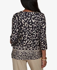 Alfred Dunner Petite Travel Advisory Animal Print Split Neck Knit Top