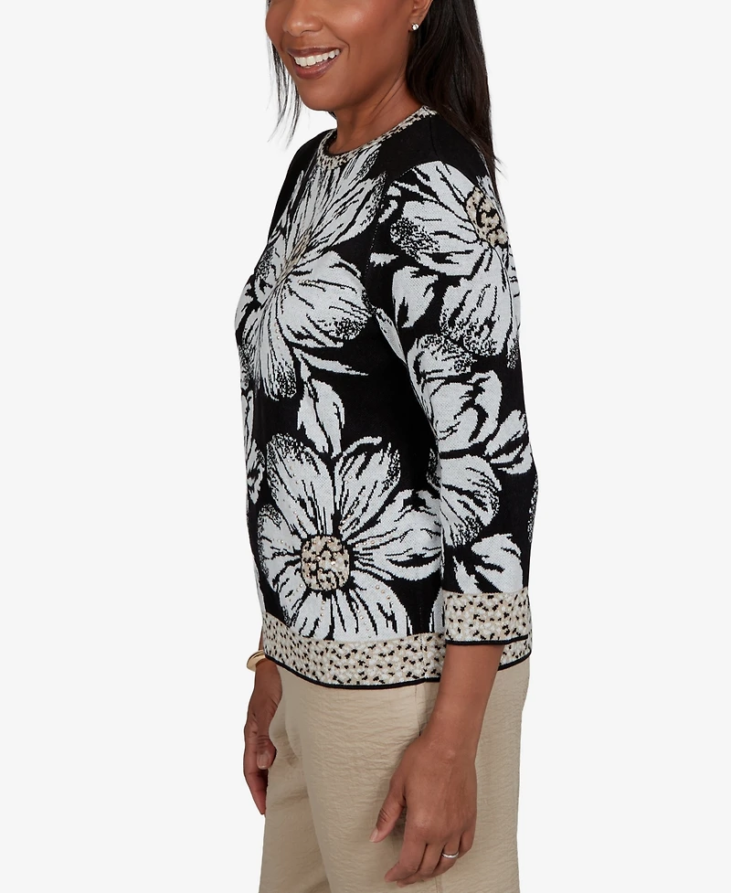 Alfred Dunner Petite Travel Advisory Dramatic Ink Floral Sweater