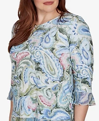 Alfred Dunner Petite Provence Paisley Woven Trim Knit Top