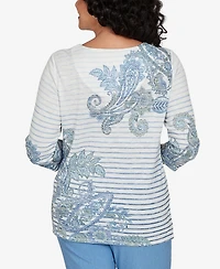 Alfred Dunner Petite Provence Paisley Stripe Split Neck Top