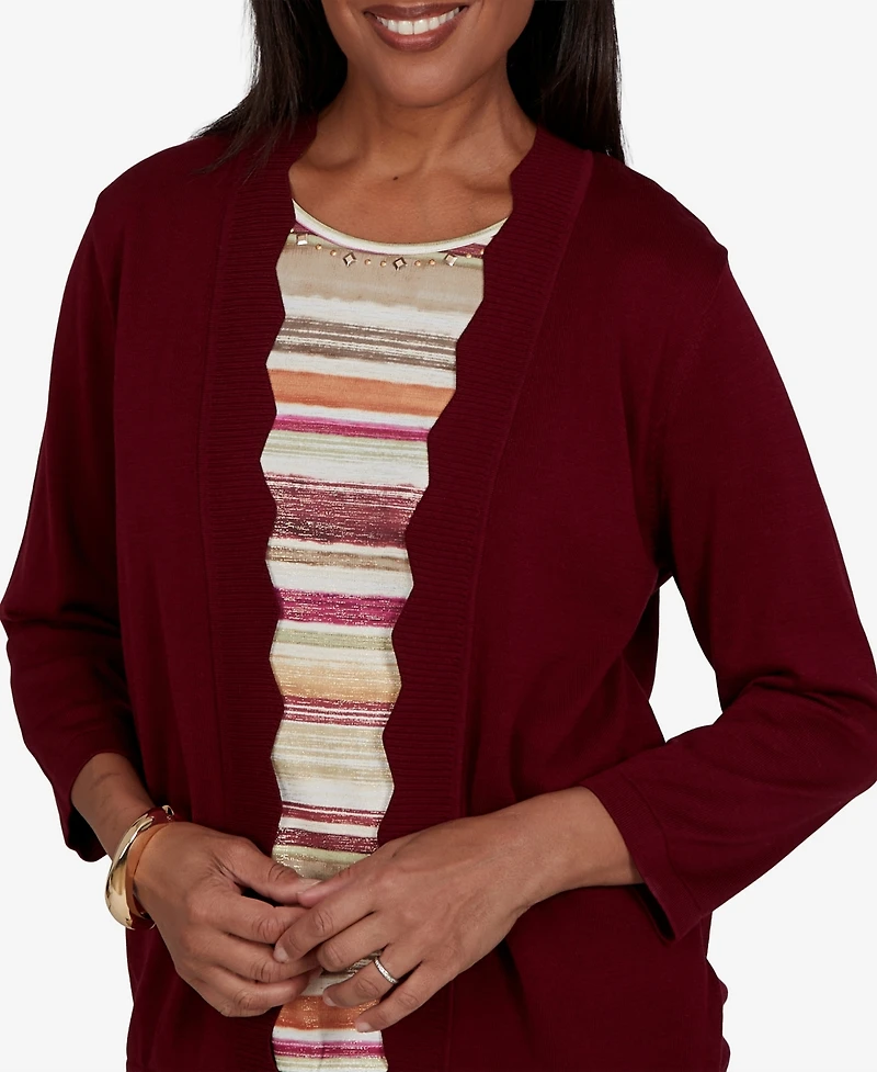 Alfred Dunner Petite Union Square Scalloped Cardi Two One Striped Sweater
